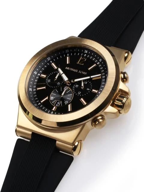 Michael Kors Dylan Chronograph Black Dial Black Gold Body Rubber Strap Watch For Men - MK8445