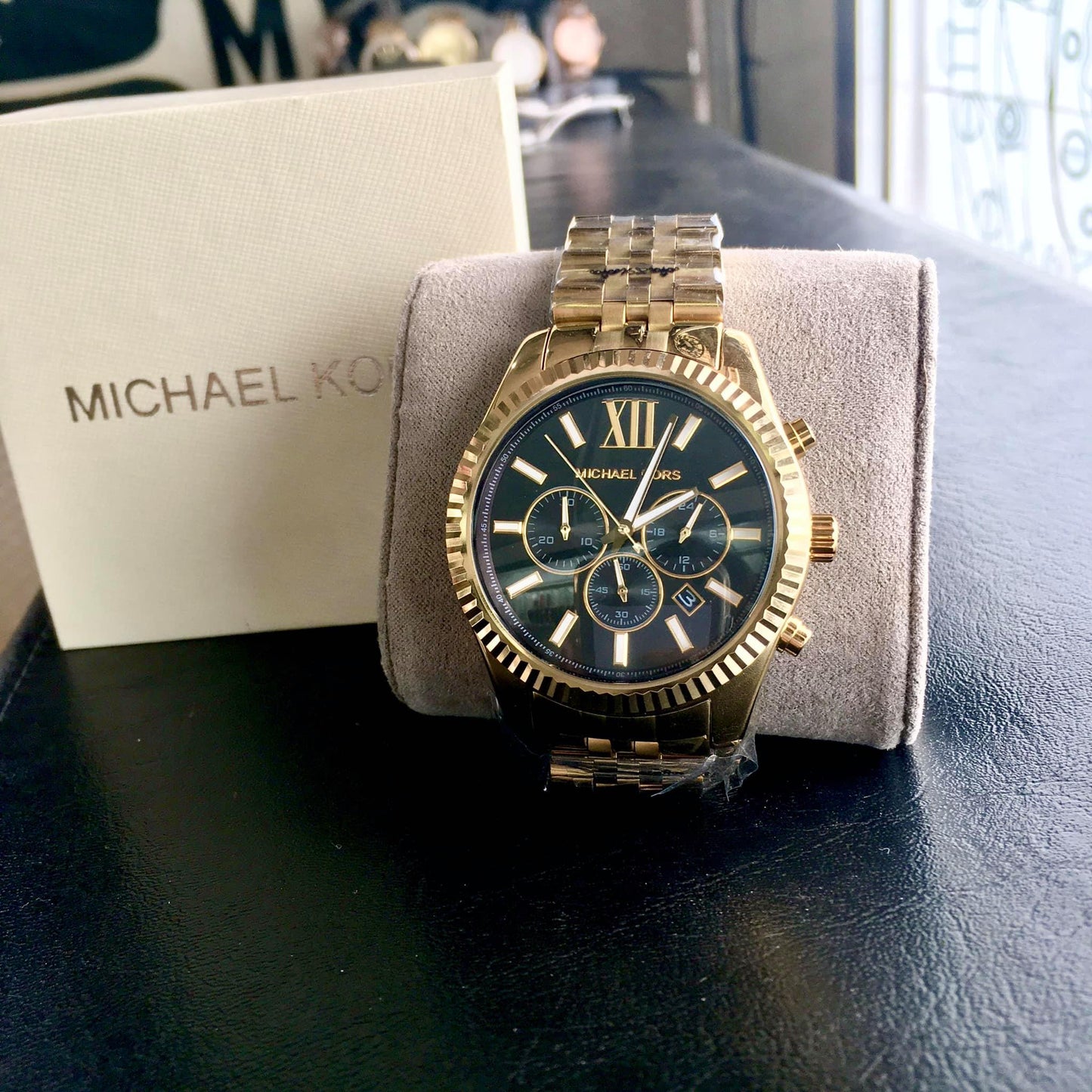 Michael Kors Lexington Chronograph Black Dial Gold Steel Strap Watch For Men - MK8286