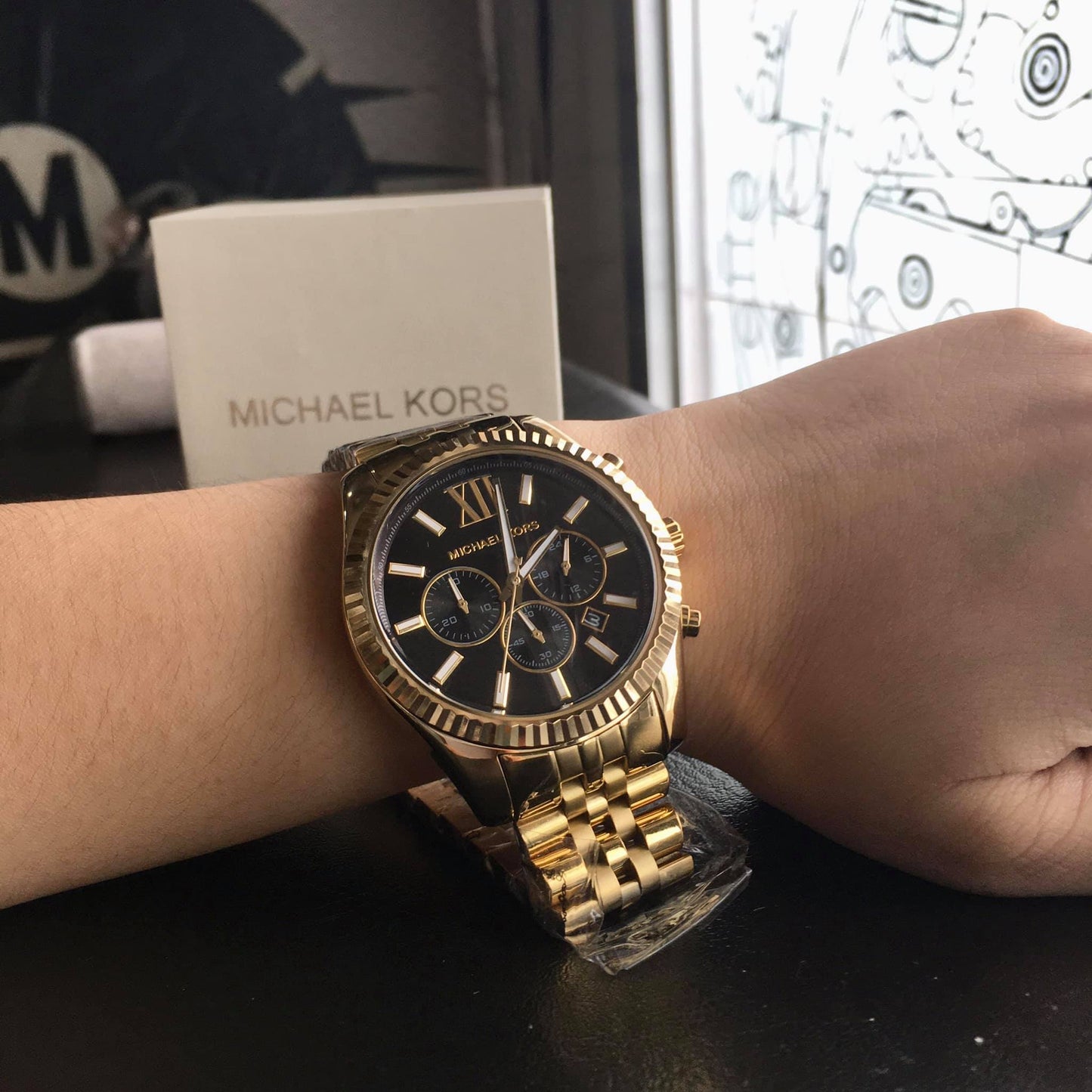 Michael Kors Lexington Chronograph Black Dial Gold Steel Strap Watch For Men - MK8286