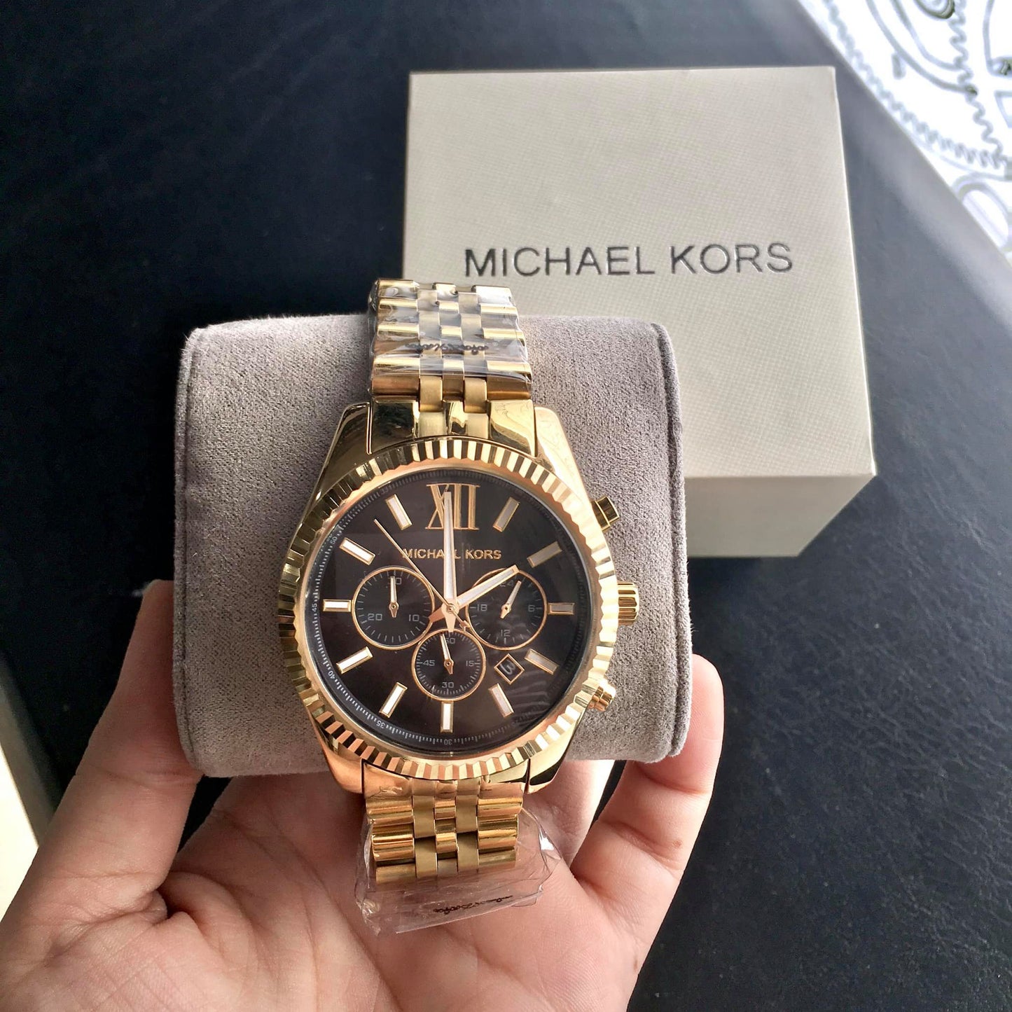 Michael Kors Lexington Chronograph Black Dial Gold Steel Strap Watch For Men - MK8286