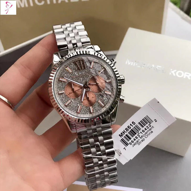 Michael Kors Lexington Chronograph Silver Dial Silver Steel Strap Watch For Men - MK8515