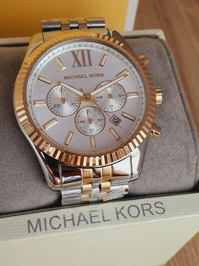 Michael Kors Lexington Silver Dial Two Tone Steel Strap Watch For Men - MK8344