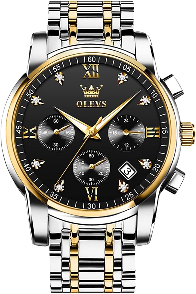 OLEVS Mens Watches Fashion Gold Silver for Men Big Face Watches Luxury Black Dial Analog Quartz Men's Watch Chronograph Classic Stainless Steel Date Watches for Men Business Two Tone Male Watches