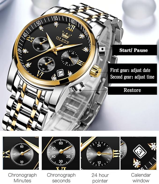 OLEVS Mens Watches Fashion Gold Silver for Men Big Face Watches Luxury Black Dial Analog Quartz Men's Watch Chronograph Classic Stainless Steel Date Watches for Men Business Two Tone Male Watches