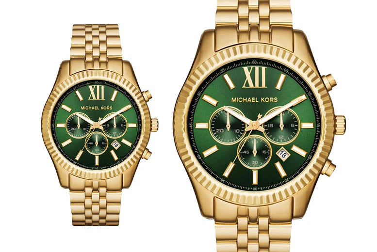 Michael Kors Lexington Chronograph Green Dial Gold Steel Strap Watch For Men - MK8446