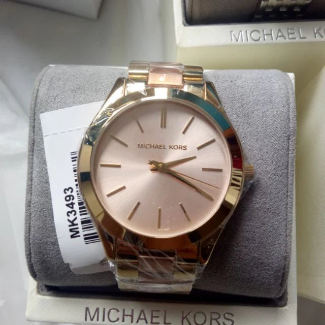 Michael Kors Slim Runway Pink Dial Two Tone Steel Strap Watch For Women - MK3493