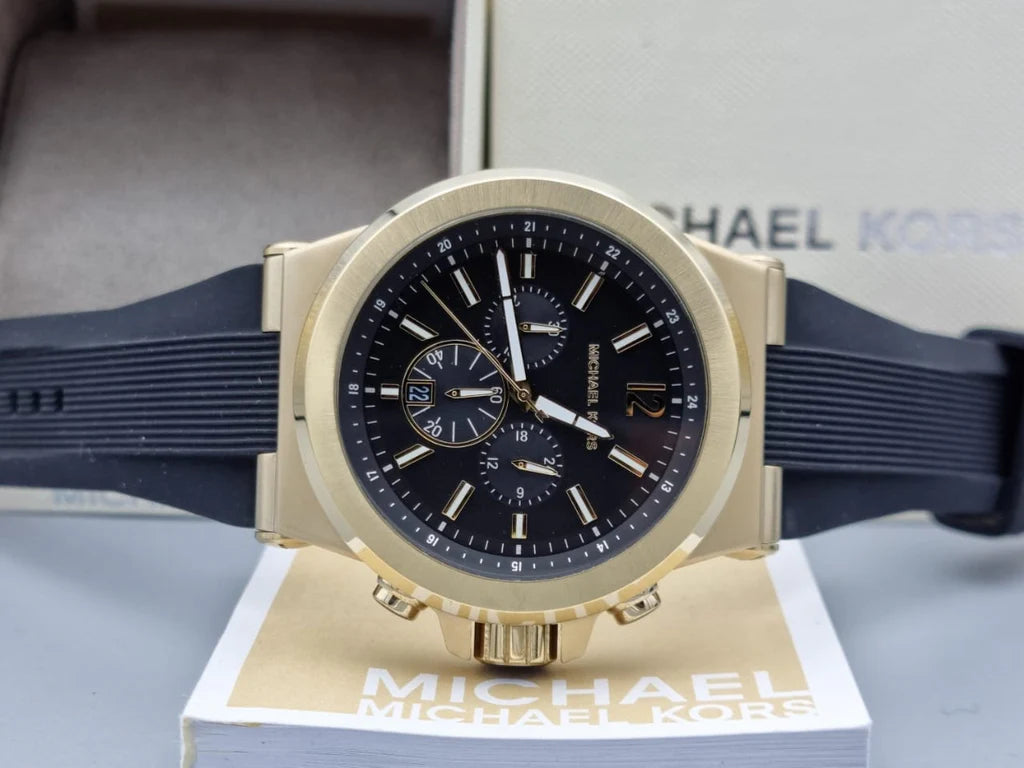 Michael Kors Dylan Chronograph Black Dial Black Gold Body Rubber Strap Watch For Men - MK8445