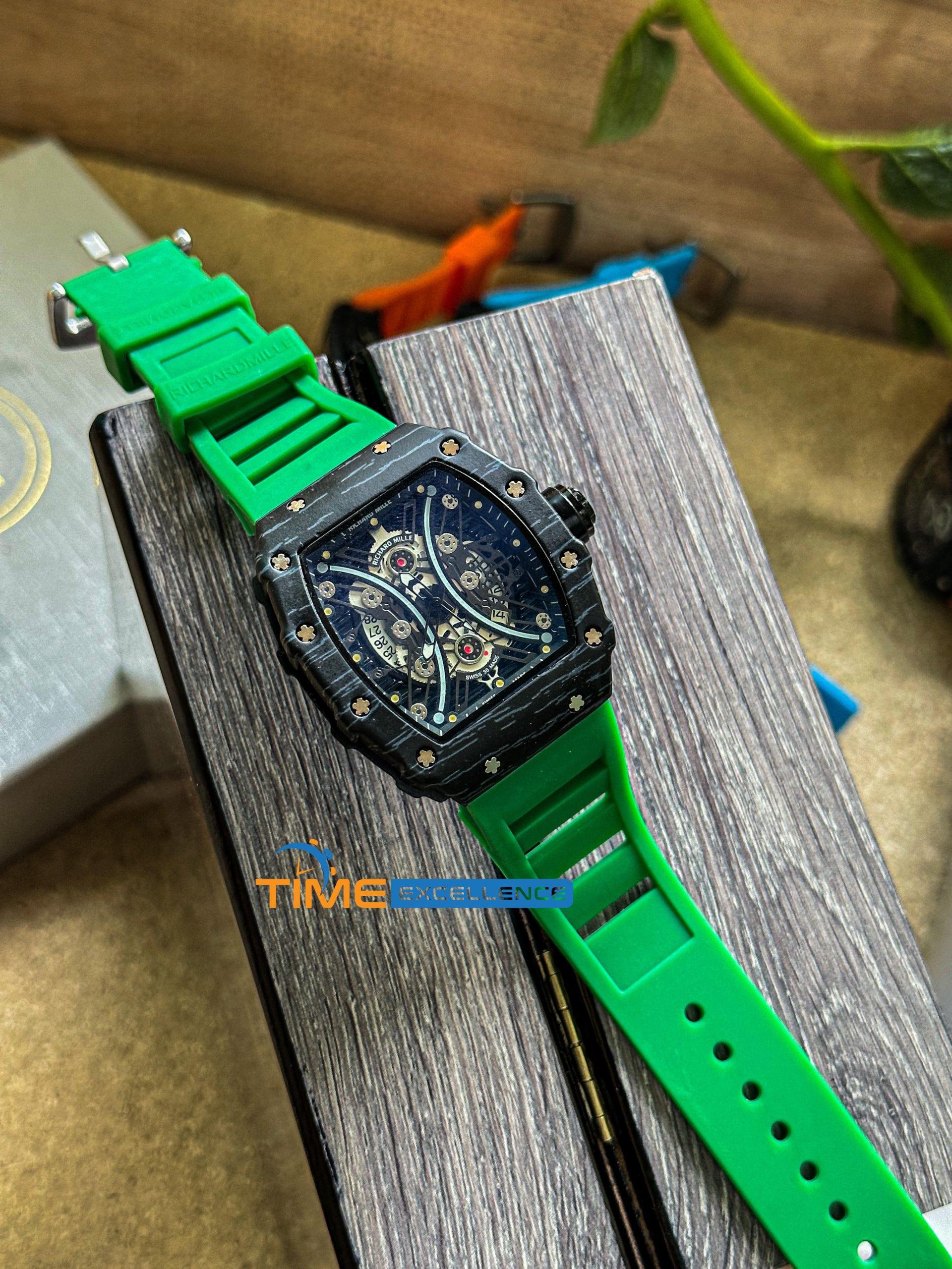 RM AA Grade Skeleton Quartz Men Tourbillon Tonneau Wrist Watch Steel Silicone Sapphire Crystal  Hollow Clock Luminous