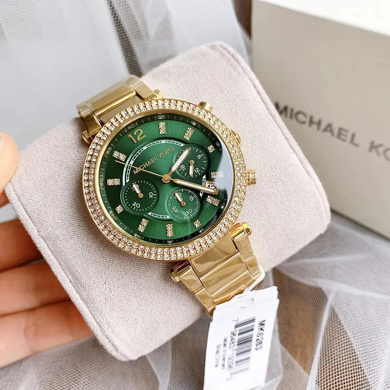 Michael Kors Parker Green Dial Gold Steel Strap Watch For Women - MK6263