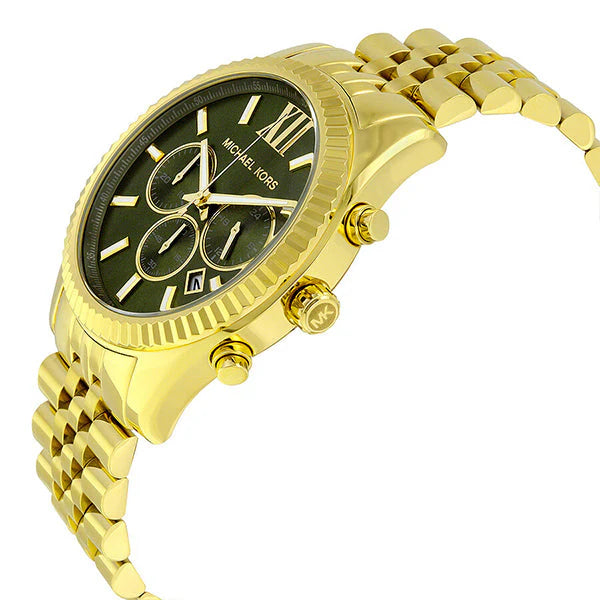 Michael Kors Lexington Chronograph Green Dial Gold Steel Strap Watch For Men - MK8446