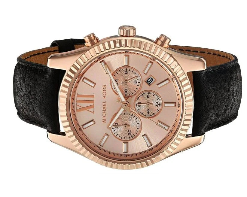 Michael Kors Lexington Chronograph Rose Gold Dial Black Leather Strap Watch For Men - MK8516