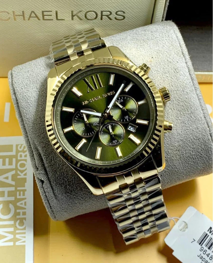 Michael Kors Lexington Chronograph Green Dial Gold Steel Strap Watch For Men - MK8446