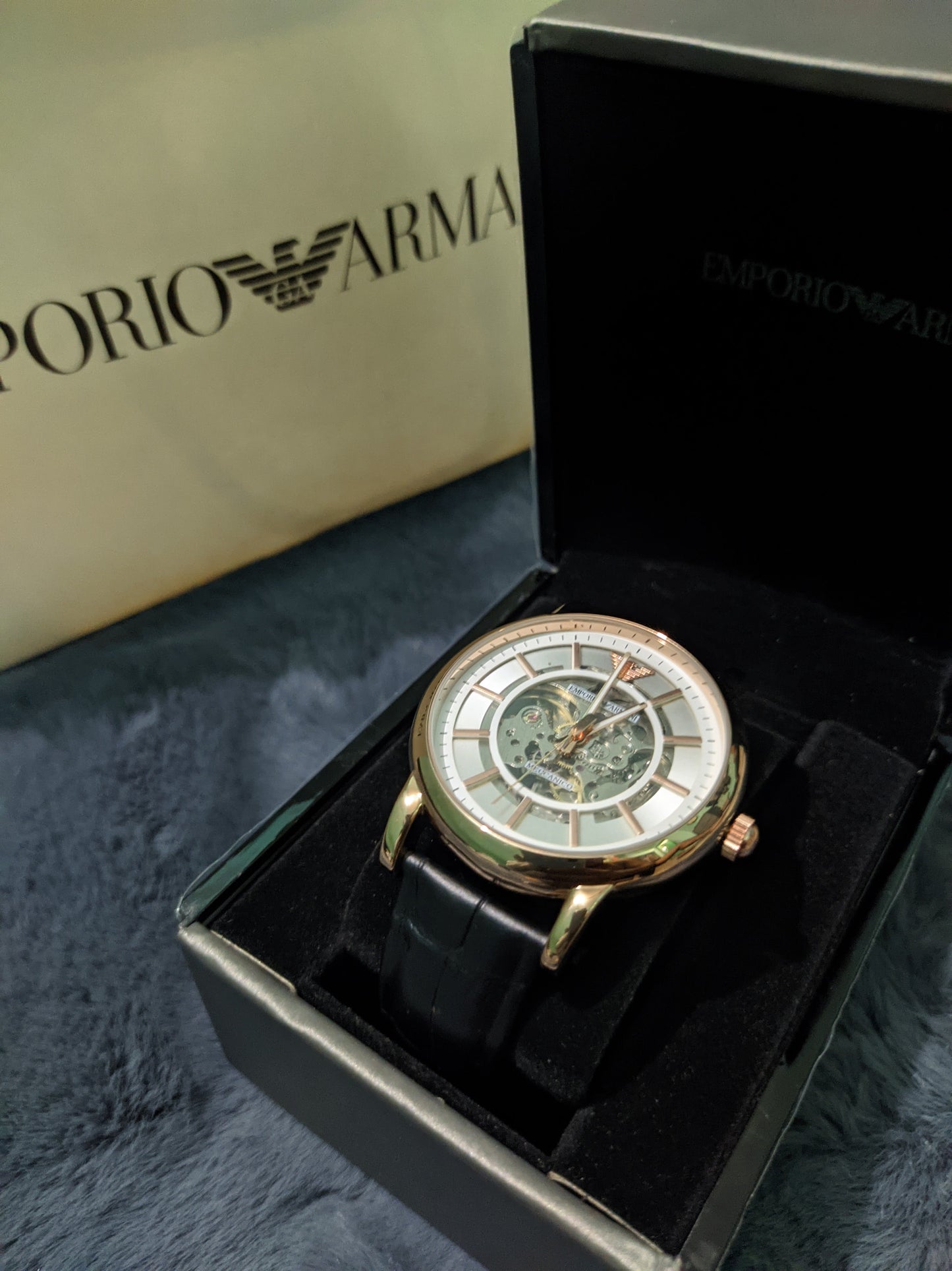 Emporio Armani Mens Automatic Skeleton Watch, White Dial, Back Leather Strap