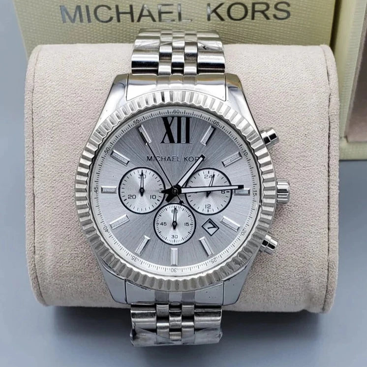 Michael Kors Lexington Silver Dial Silver Steel Strap Watch For Men - MK8405