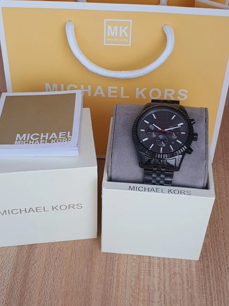 Michael Kors Lexington Chronograph Black Dial Black Steel Strap Watch For Men - MK8320