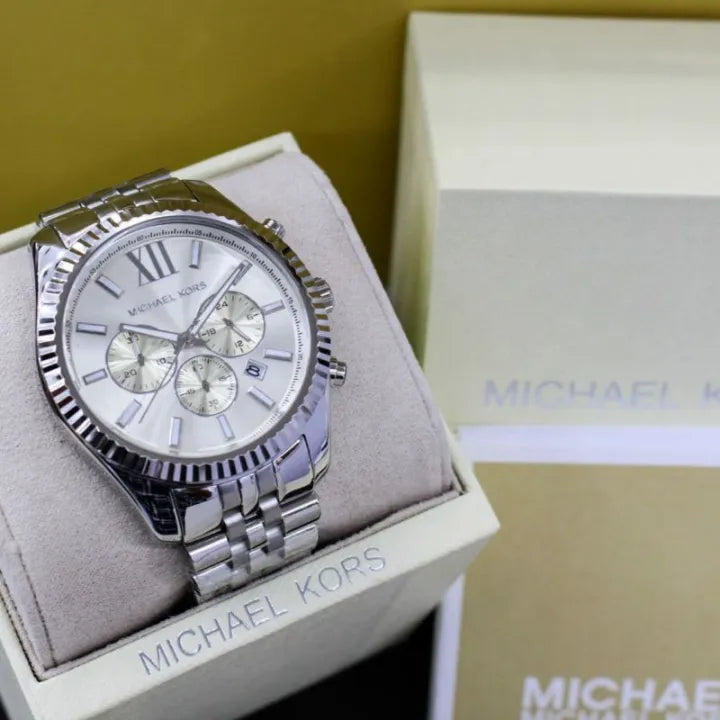 Michael Kors Lexington Silver Dial Silver Steel Strap Watch For Men - MK8405