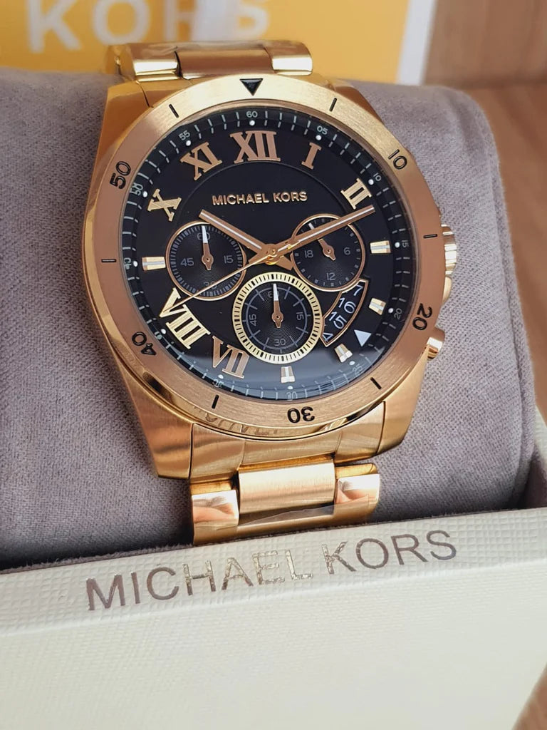 Michael Kors Brecken Chronograph Quartz Black Dial Gold Steel Strap Watch For Men - MK8481