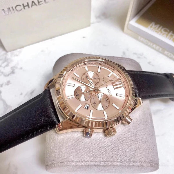 Michael Kors Lexington Chronograph Rose Gold Dial Black Leather Strap Watch For Men - MK8516