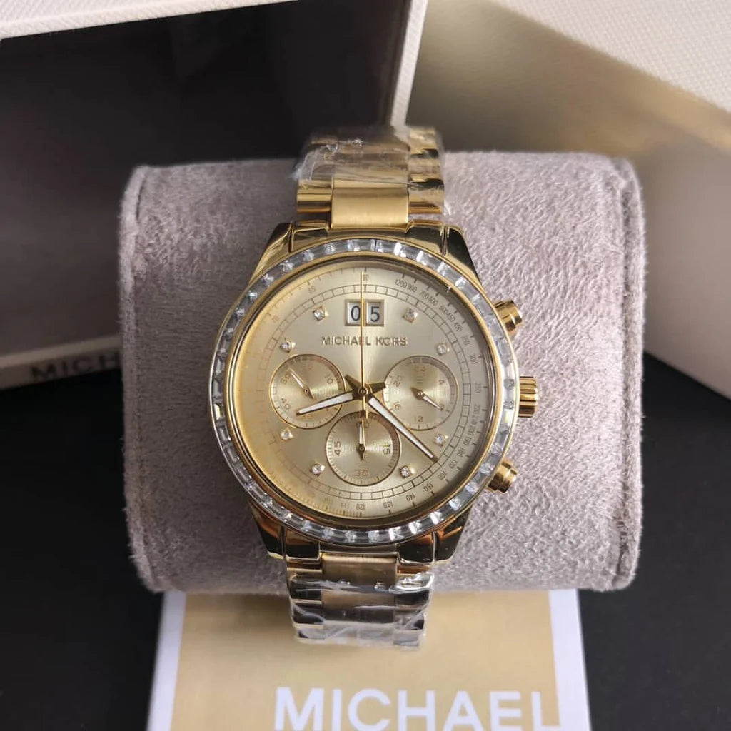 Michael Kors Brinkley Gold Dial Gold Steel Strap Watch For Women - MK6187