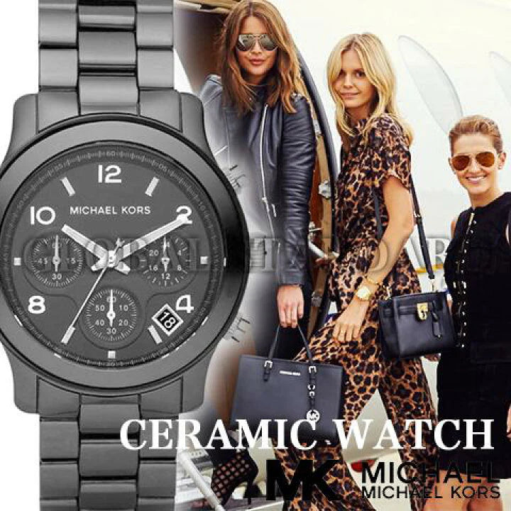 Michael Kors Runway Black Ceramic Dial Black Steel Strap Watch For Women - MK5162