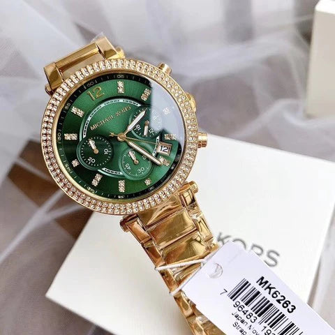 Michael Kors Parker Green Dial Gold Steel Strap Watch For Women - MK6263