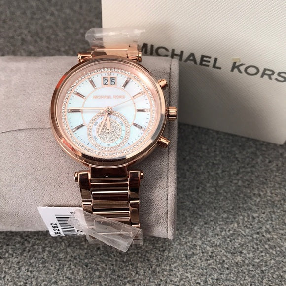 Michael Kors Sawyer White Dial Gold Steel Strap Watch For Women - MK6282