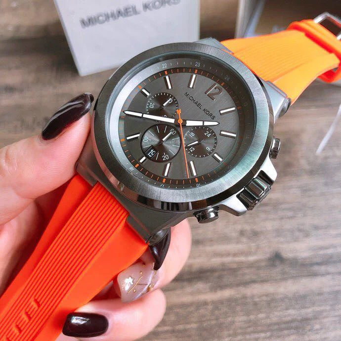 Michael Kors Dylan Chronograph Grey Dial Orange Rubber Strap Watch For Men - MK8296