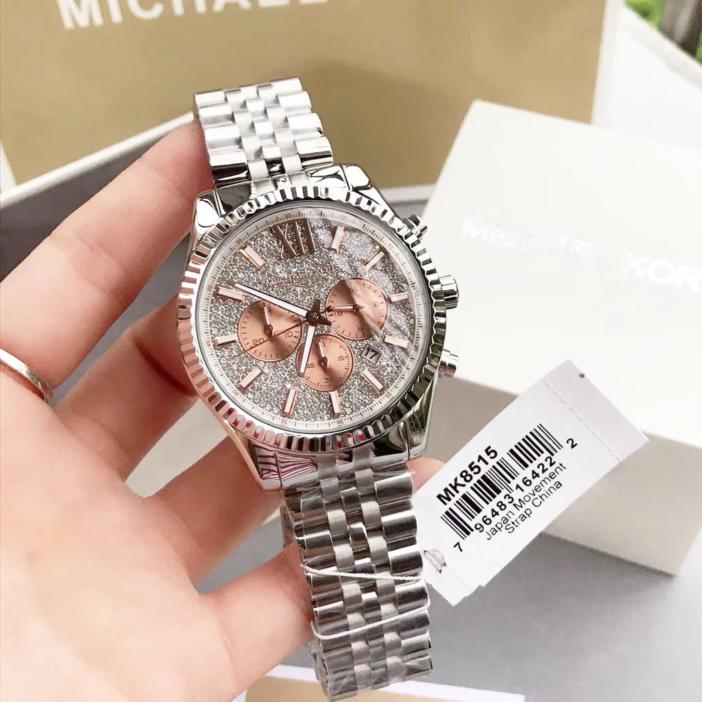 Michael Kors Lexington Chronograph Silver Dial Silver Steel Strap Watch For Men - MK8515