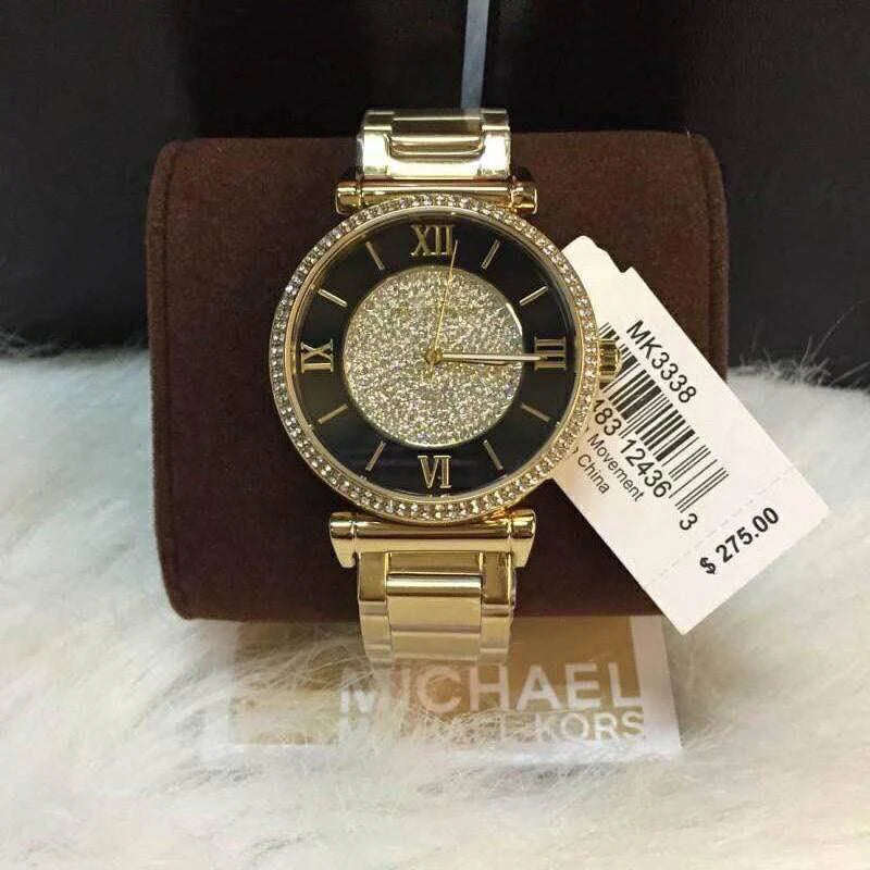 Michael Kors Catlin Black Dial Gold Steel Strap Watch For Women - MK3338