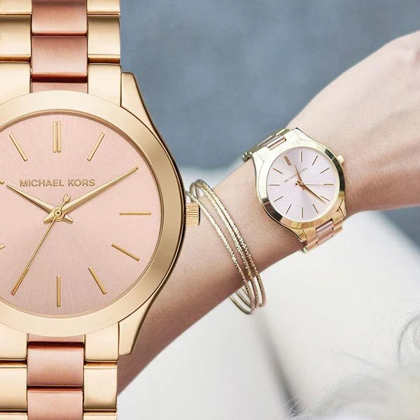 Michael Kors Slim Runway Pink Dial Two Tone Steel Strap Watch For Women - MK3493